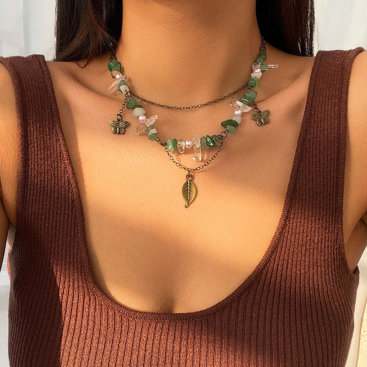 Boho Layered Butterfly Feather Pendant Turquoise Stone Chain Necklace - ArtGalleryZen