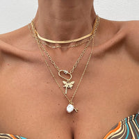 Thumbnail for Boho Layered Butterfly Pearl Pendant Snake Chain Choker Necklace Set - ArtGalleryZen