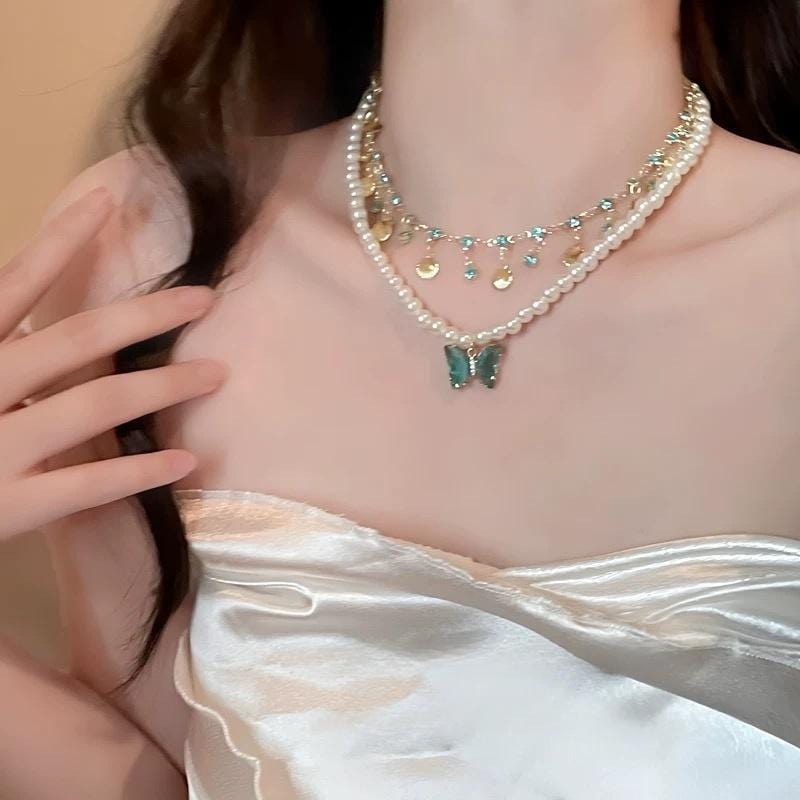 Boho Layered Butterfly Rhinestone Shell Tassel Pearl Chain Necklace - ArtGalleryZen