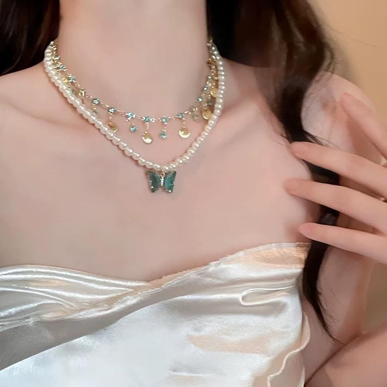 Boho Layered Butterfly Rhinestone Shell Tassel Pearl Chain Necklace - ArtGalleryZen