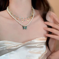 Thumbnail for Boho Layered Butterfly Rhinestone Shell Tassel Pearl Chain Necklace - ArtGalleryZen