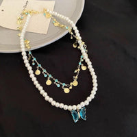 Thumbnail for Boho Layered Butterfly Rhinestone Shell Tassel Pearl Chain Necklace - ArtGalleryZen