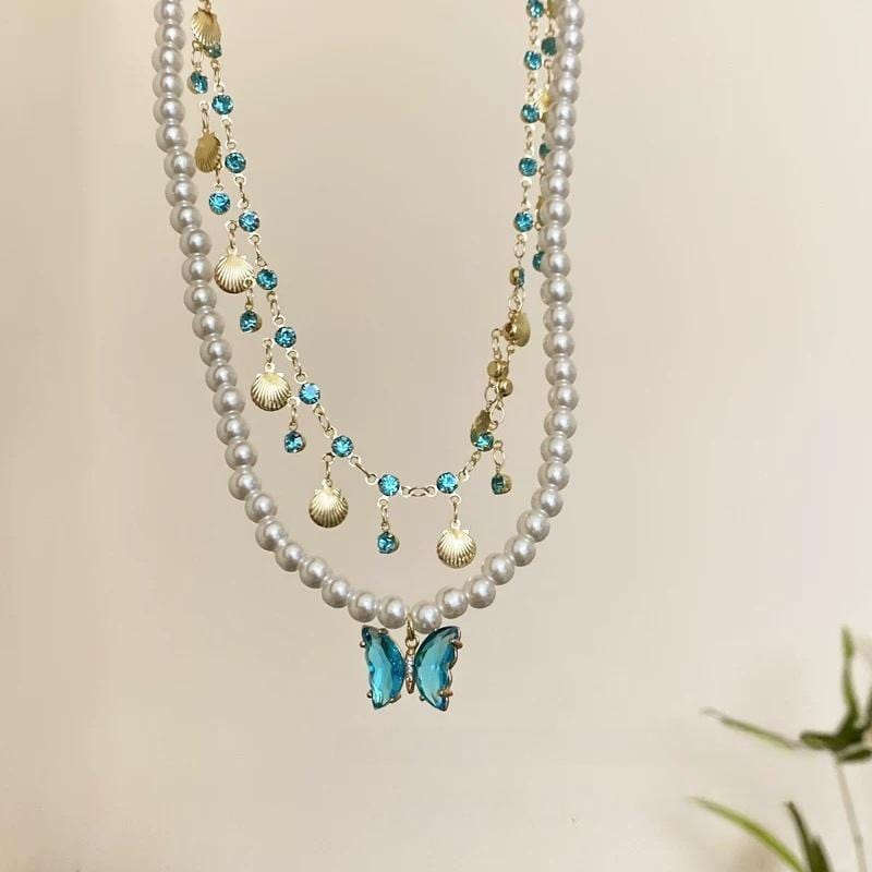 Boho Layered Butterfly Rhinestone Shell Tassel Pearl Chain Necklace - ArtGalleryZen