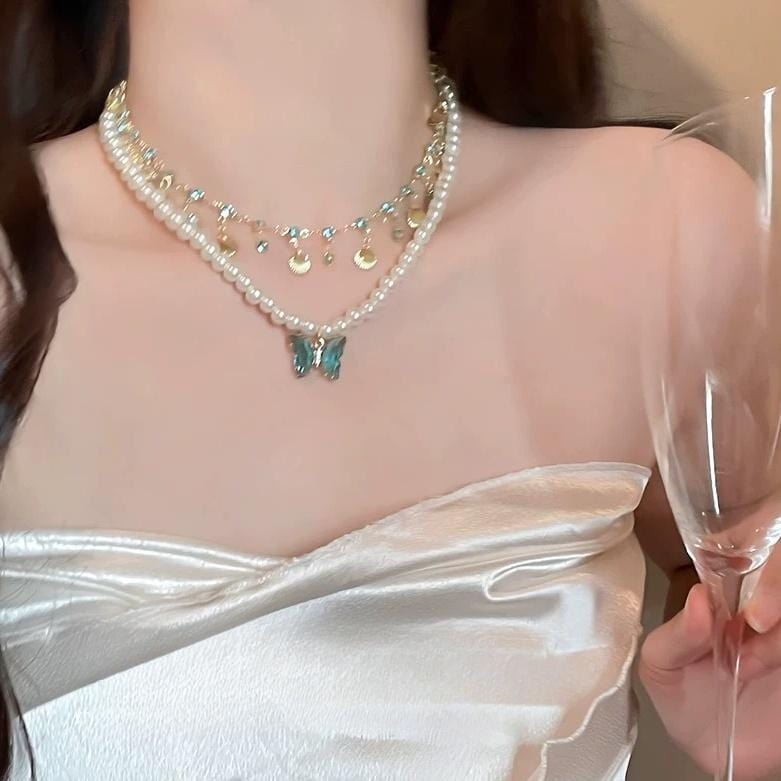 Boho Layered Butterfly Rhinestone Shell Tassel Pearl Chain Necklace - ArtGalleryZen