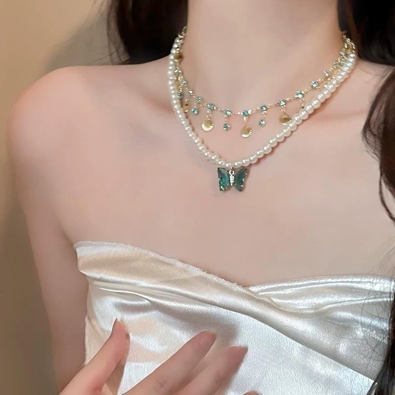 Boho Layered Butterfly Rhinestone Shell Tassel Pearl Chain Necklace - ArtGalleryZen