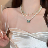 Thumbnail for Boho Layered Butterfly Rhinestone Shell Tassel Pearl Chain Necklace - ArtGalleryZen