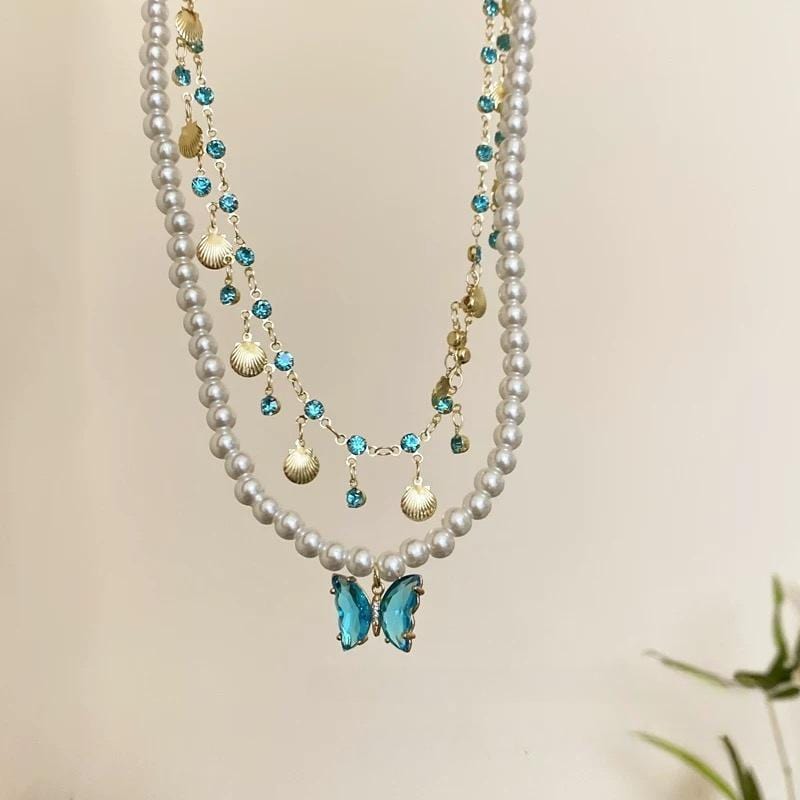 Boho Layered Butterfly Rhinestone Shell Tassel Pearl Chain Necklace