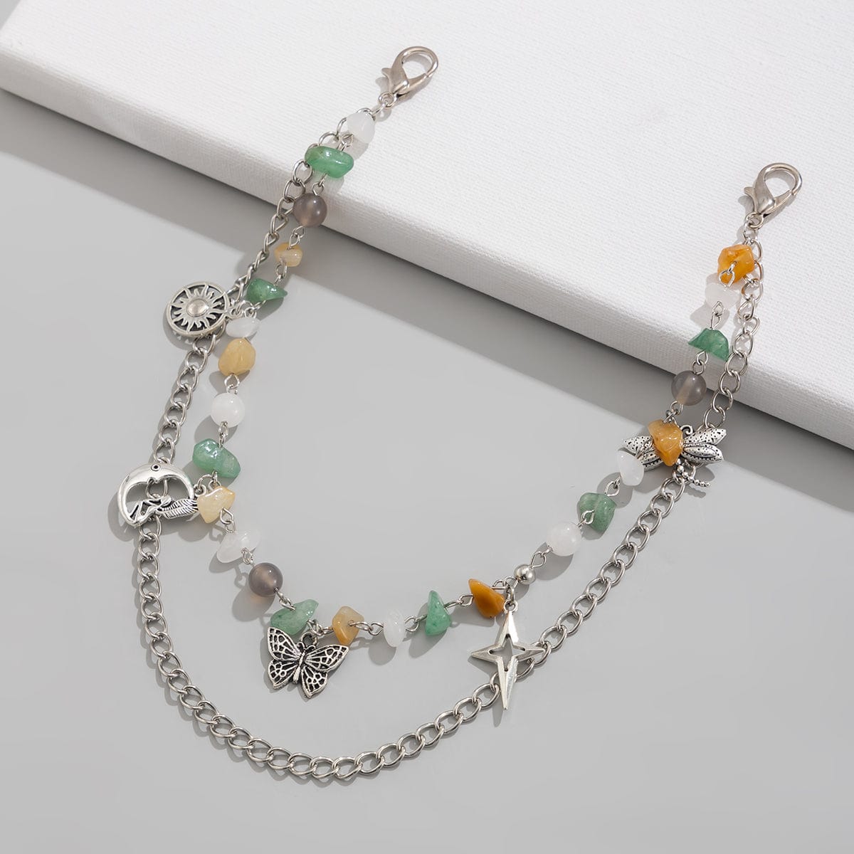 Boho Layered Butterfly Sun Moon Star Charm Turquoise Stone Bag Chain - ArtGalleryZen