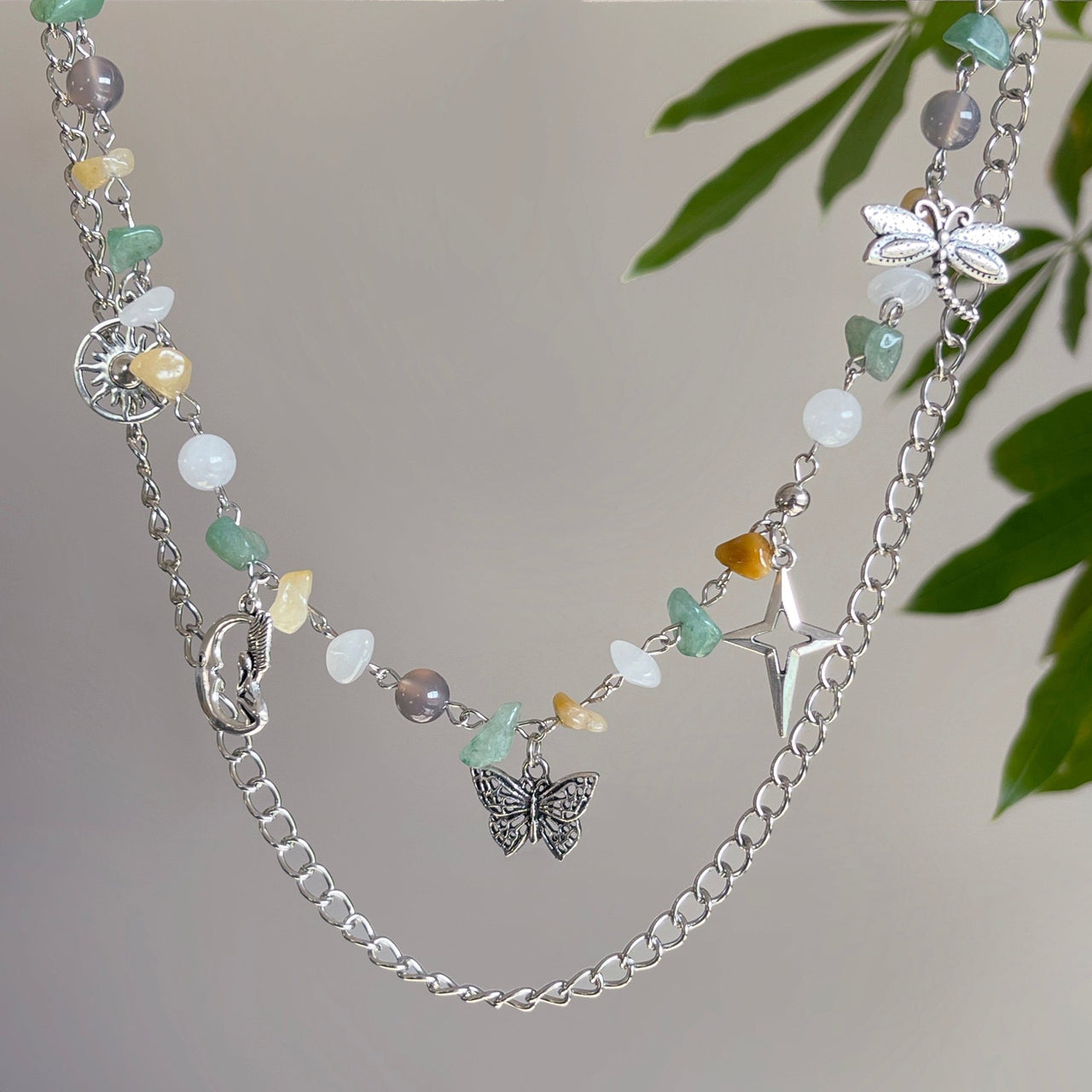 Boho Layered Butterfly Sun Moon Star Charm Turquoise Stone Bag Chain - ArtGalleryZen