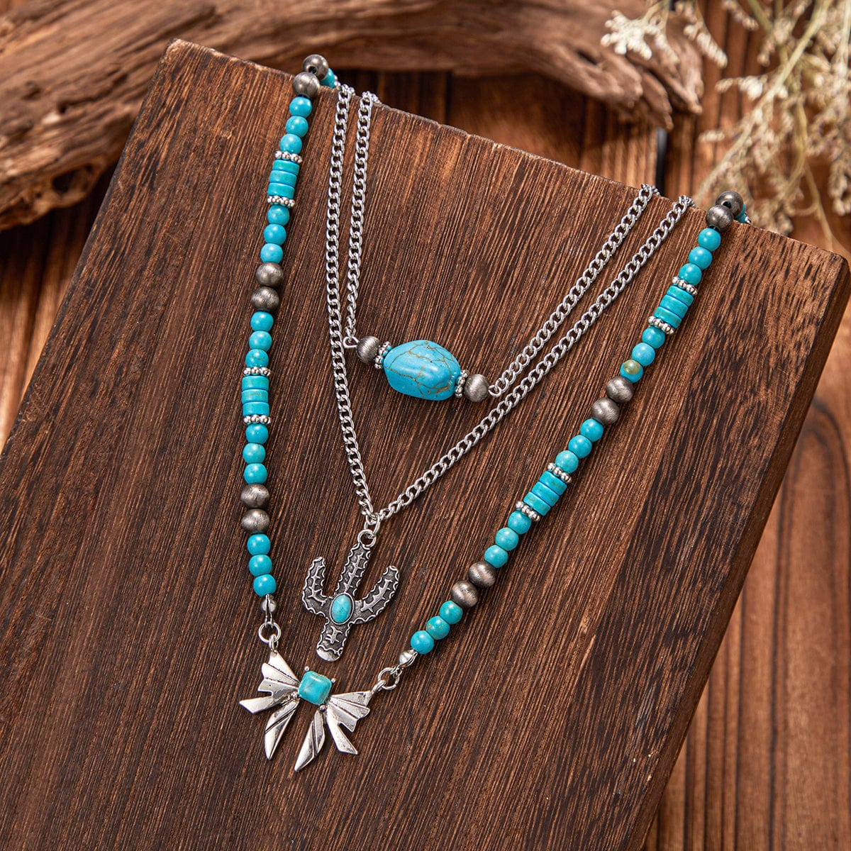 Boho Layered Cactus Bowknot Pendant Turquoise Chain Necklace Set - ArtGalleryZen