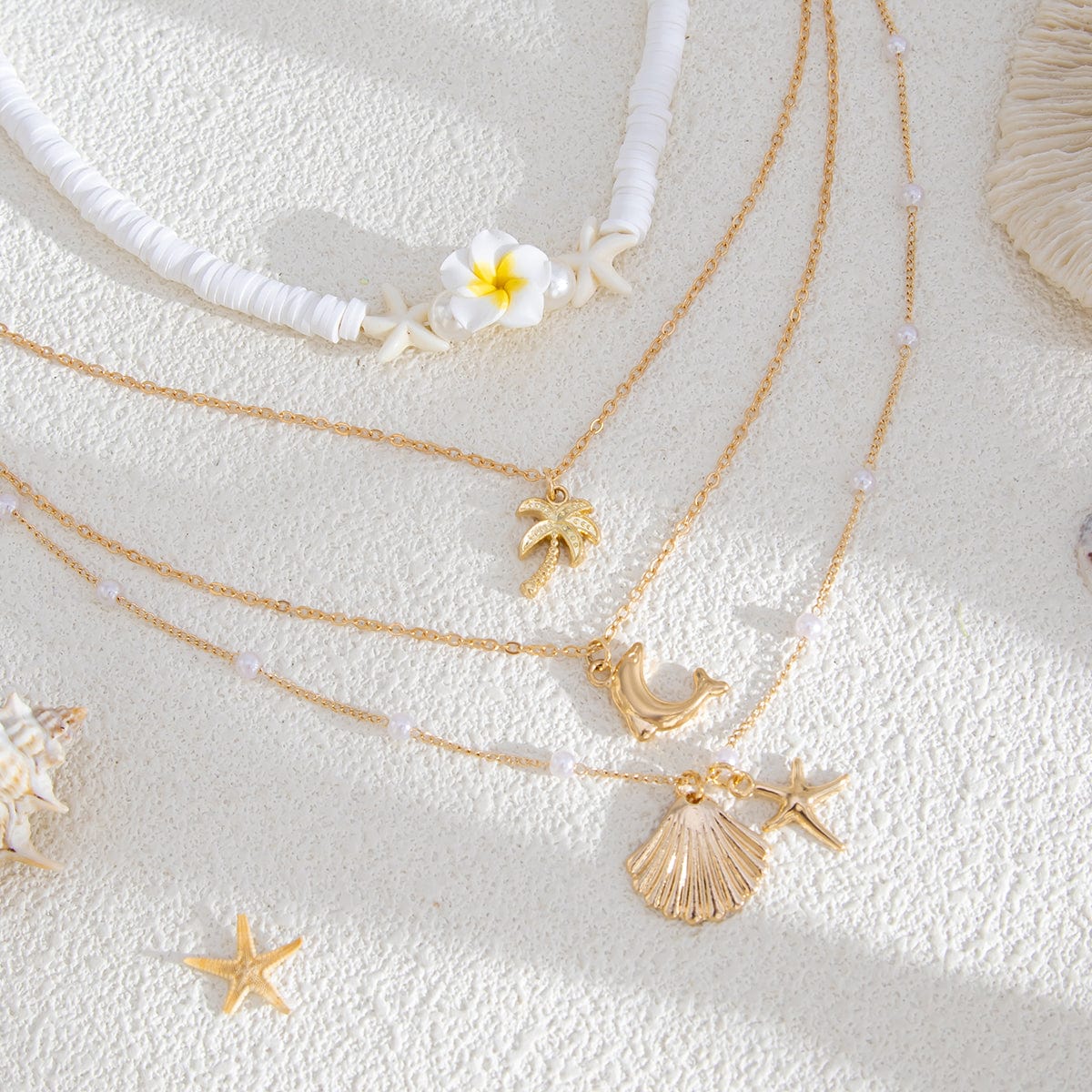 Boho Layered Coconut Tree Dolphin Shell Flower Pendant Polymer Clay Necklace Set - ArtGalleryZen