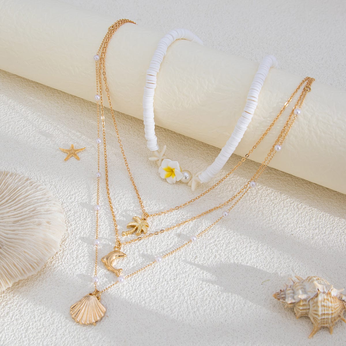 Boho Layered Coconut Tree Dolphin Shell Flower Pendant Polymer Clay Necklace Set - ArtGalleryZen