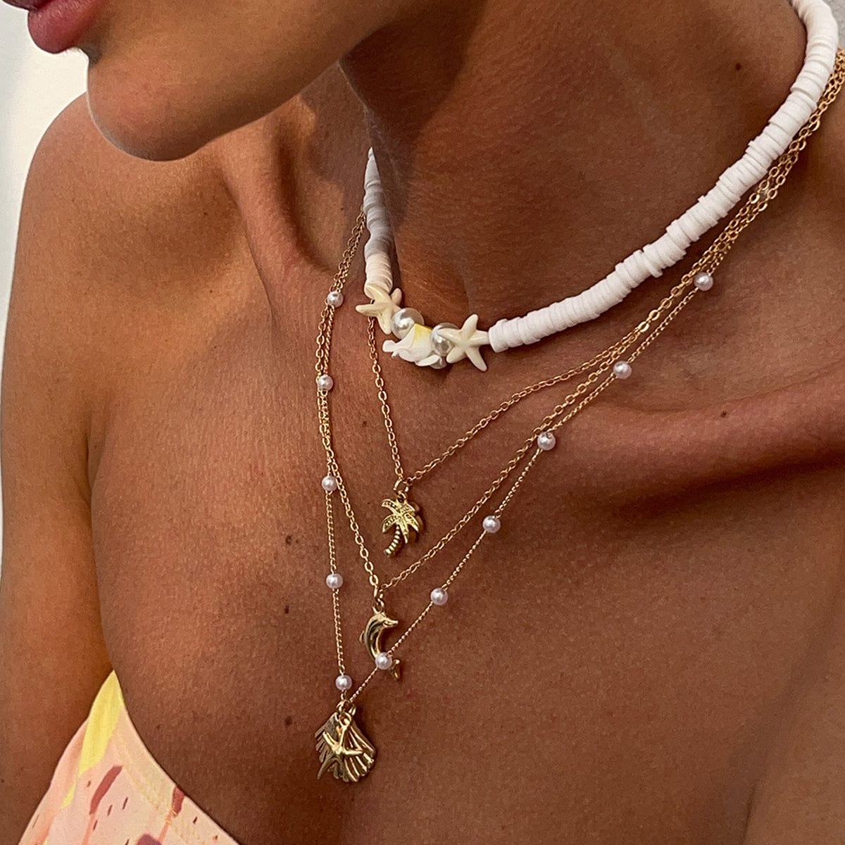 Boho Layered Coconut Tree Dolphin Shell Flower Pendant Polymer Clay Necklace Set - ArtGalleryZen