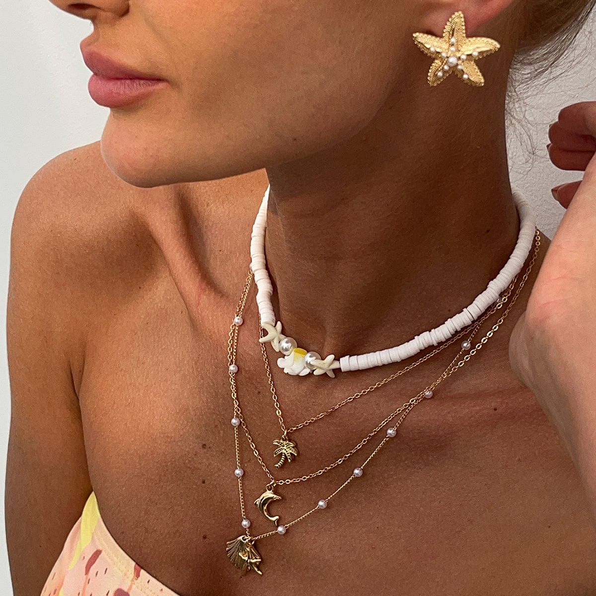 Boho Layered Coconut Tree Dolphin Shell Flower Pendant Polymer Clay Necklace Set - ArtGalleryZen