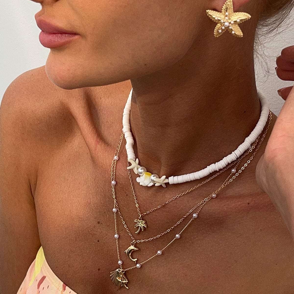 Boho Layered Coconut Tree Dolphin Shell Flower Pendant Polymer Clay Necklace Set - ArtGalleryZen