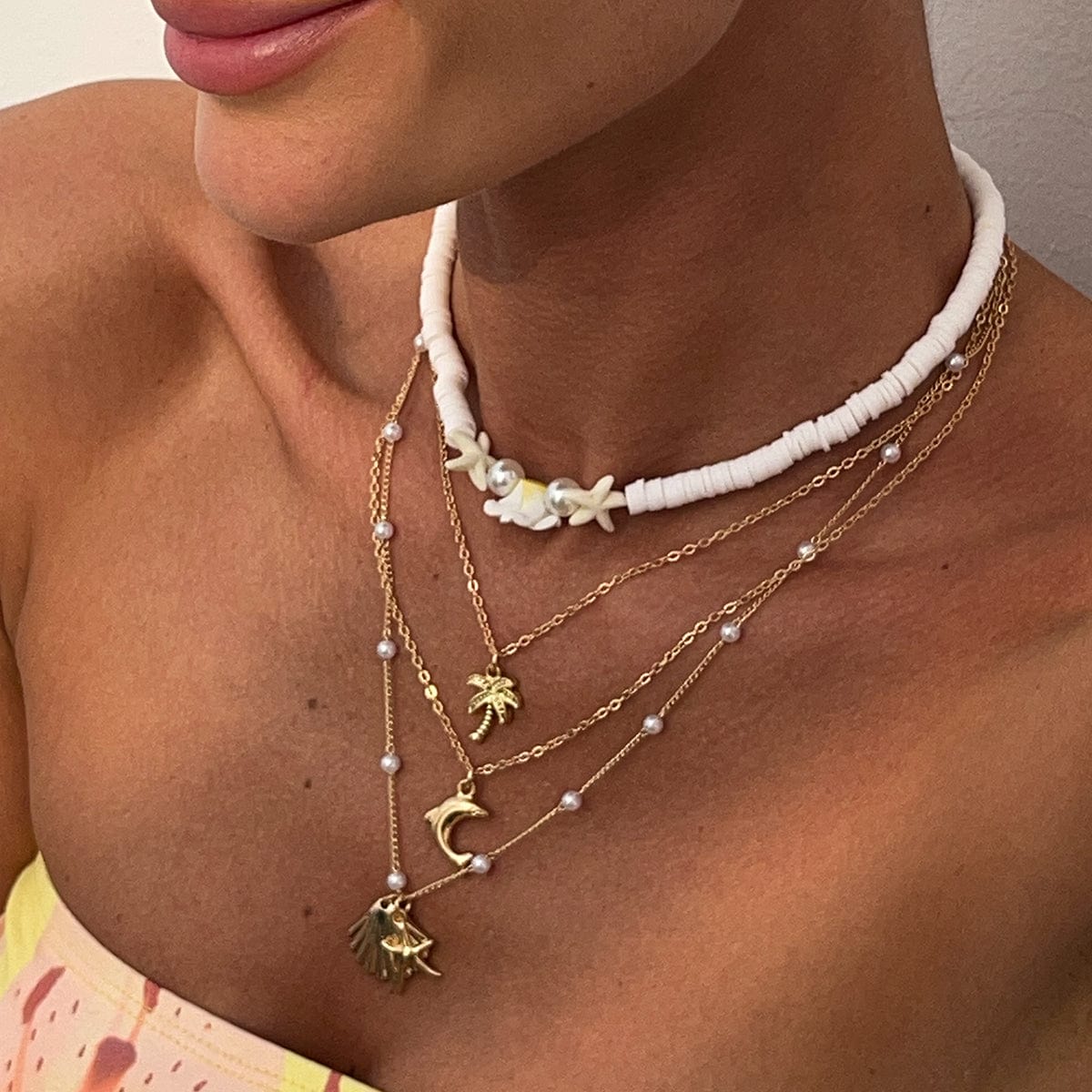 Boho Layered Coconut Tree Dolphin Shell Flower Pendant Polymer Clay Necklace Set - ArtGalleryZen