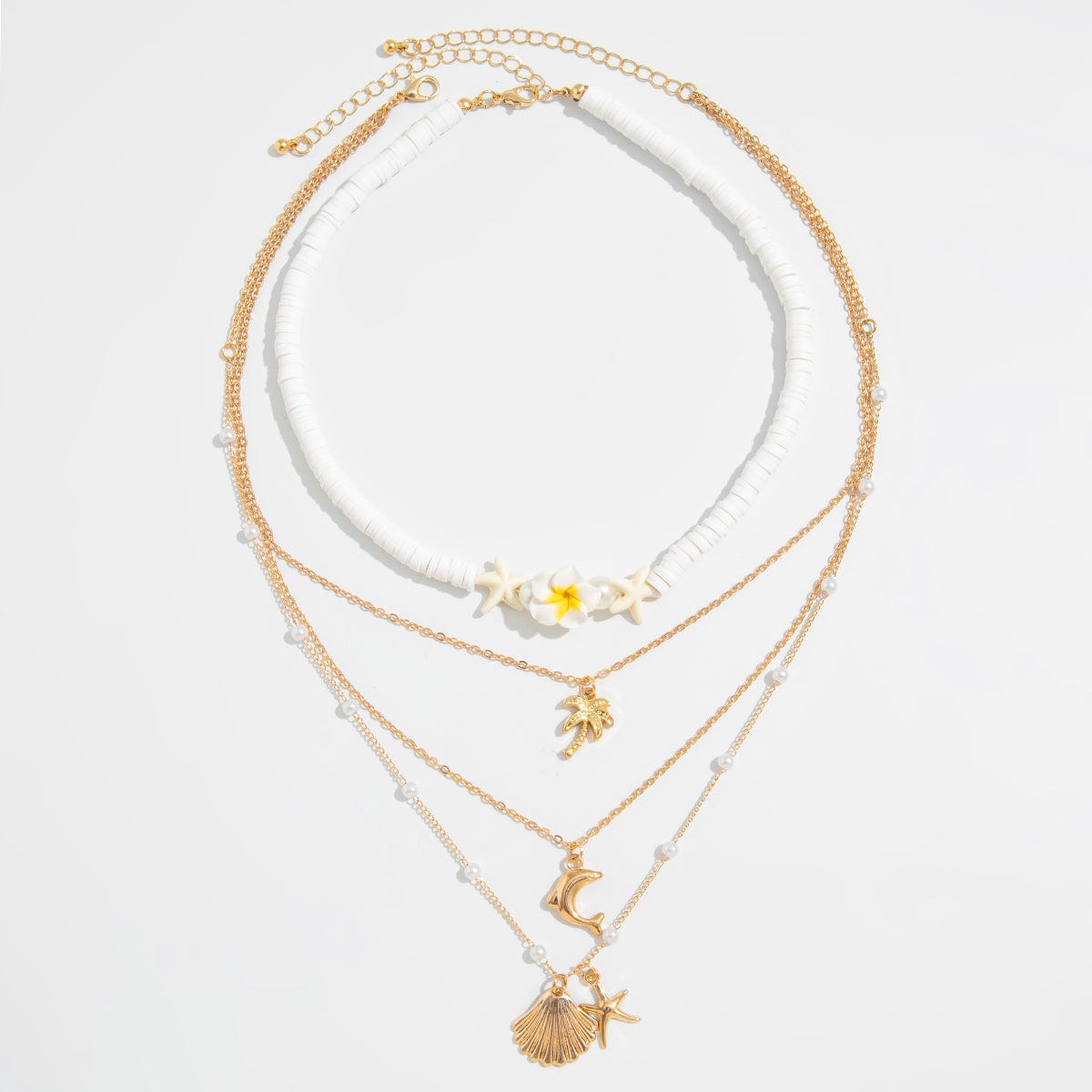 Boho Layered Coconut Tree Dolphin Shell Flower Pendant Polymer Clay Necklace Set - ArtGalleryZen