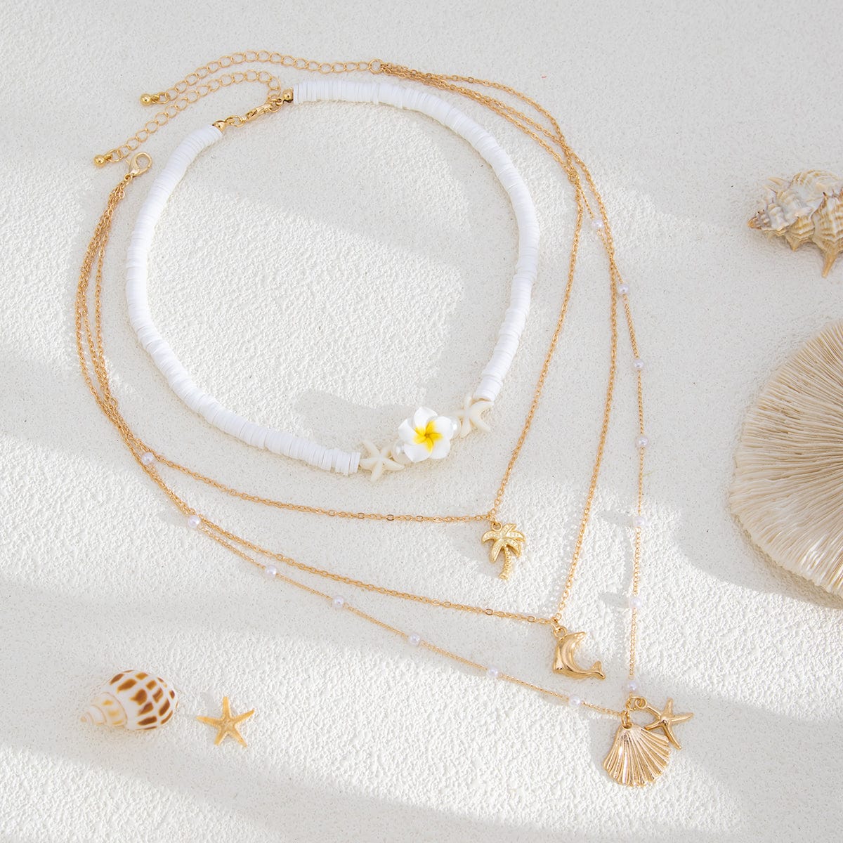 Boho Layered Coconut Tree Dolphin Shell Flower Pendant Polymer Clay Necklace Set - ArtGalleryZen