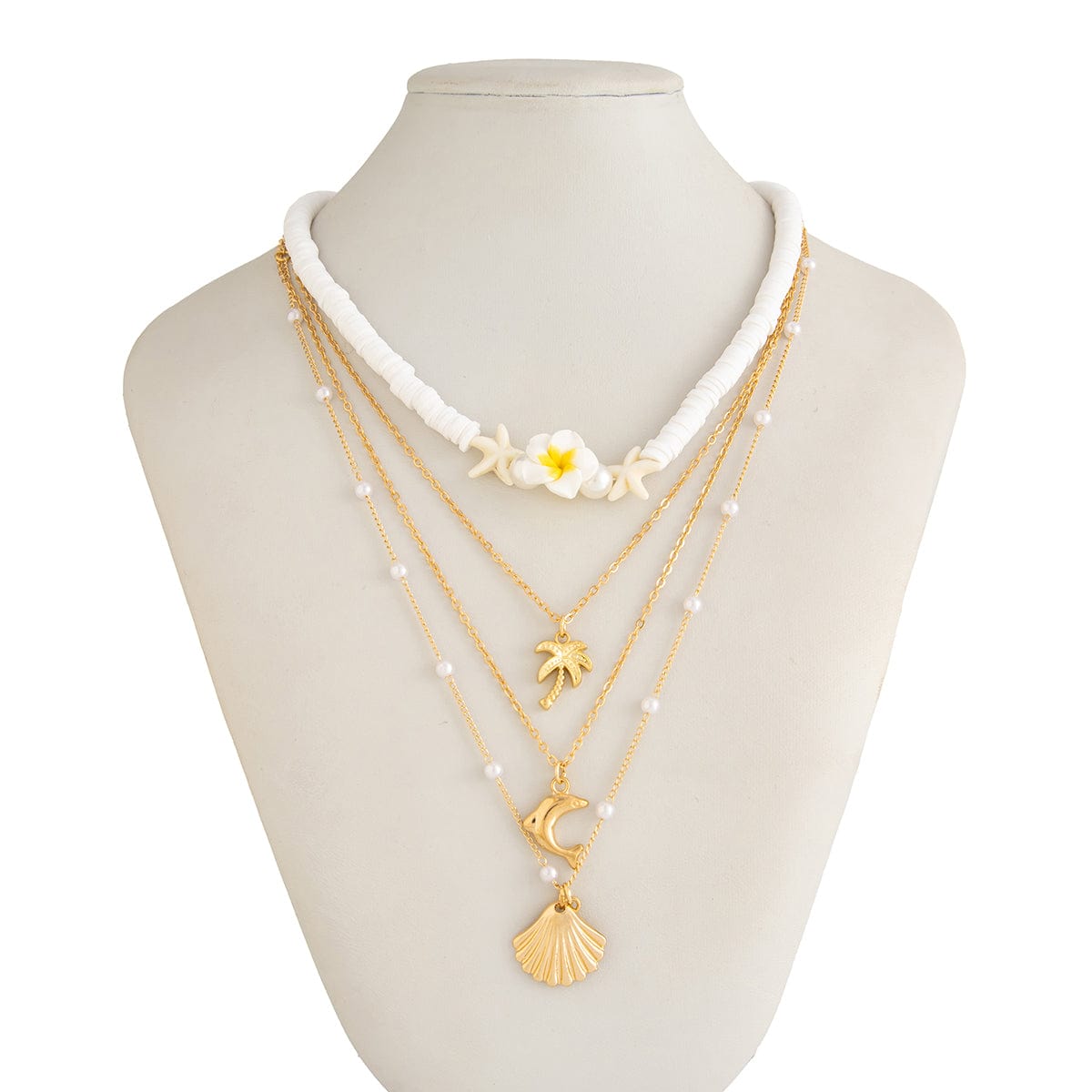 Boho Layered Coconut Tree Dolphin Shell Flower Pendant Polymer Clay Necklace Set - ArtGalleryZen