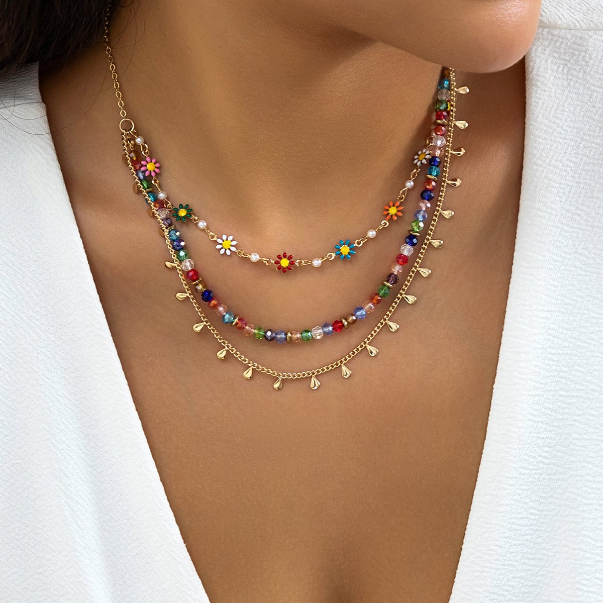 Boho Layered Colorful Flower Rhinestone Waterdrop Tassel Necklace - ArtGalleryZen