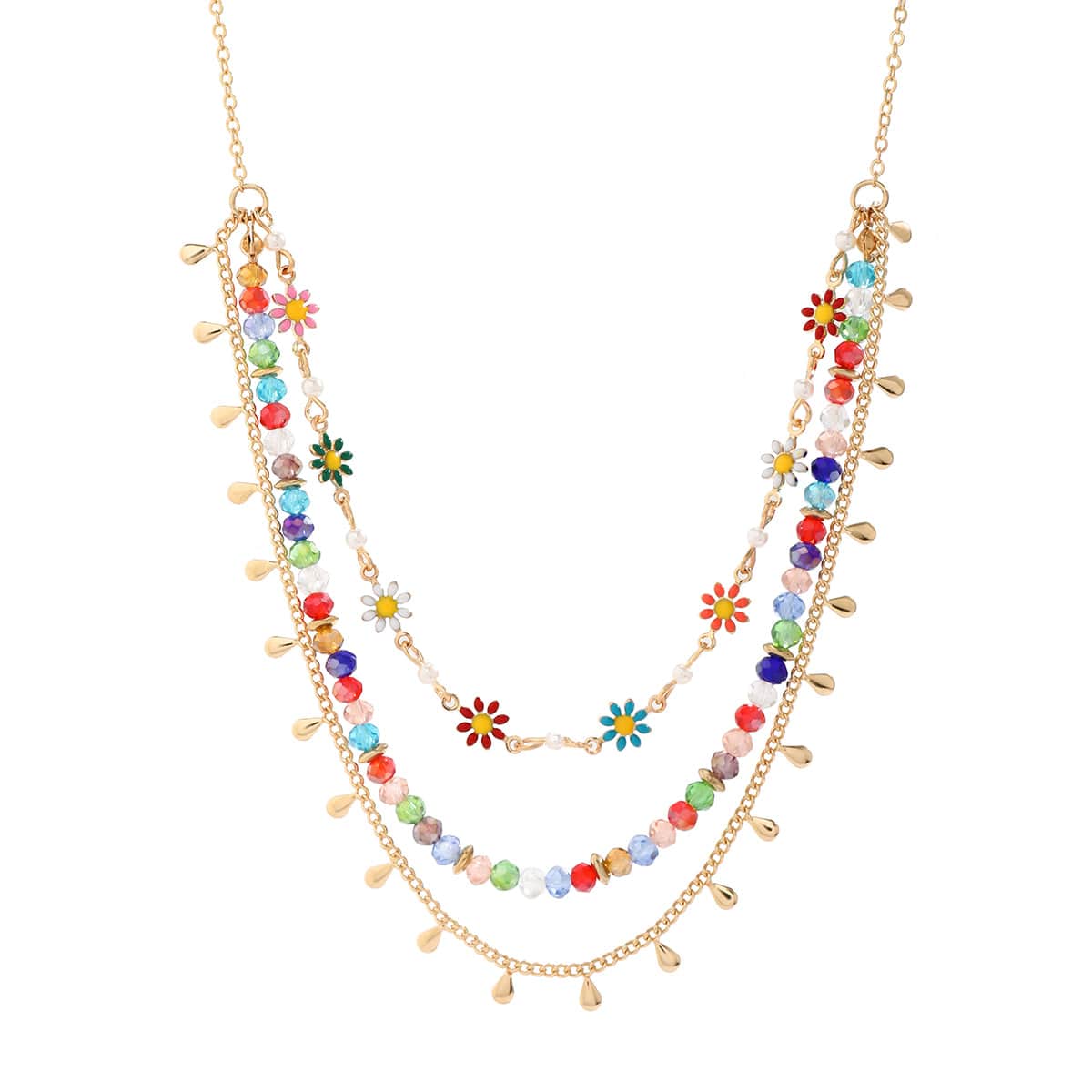 Boho Layered Colorful Flower Rhinestone Waterdrop Tassel Necklace - ArtGalleryZen