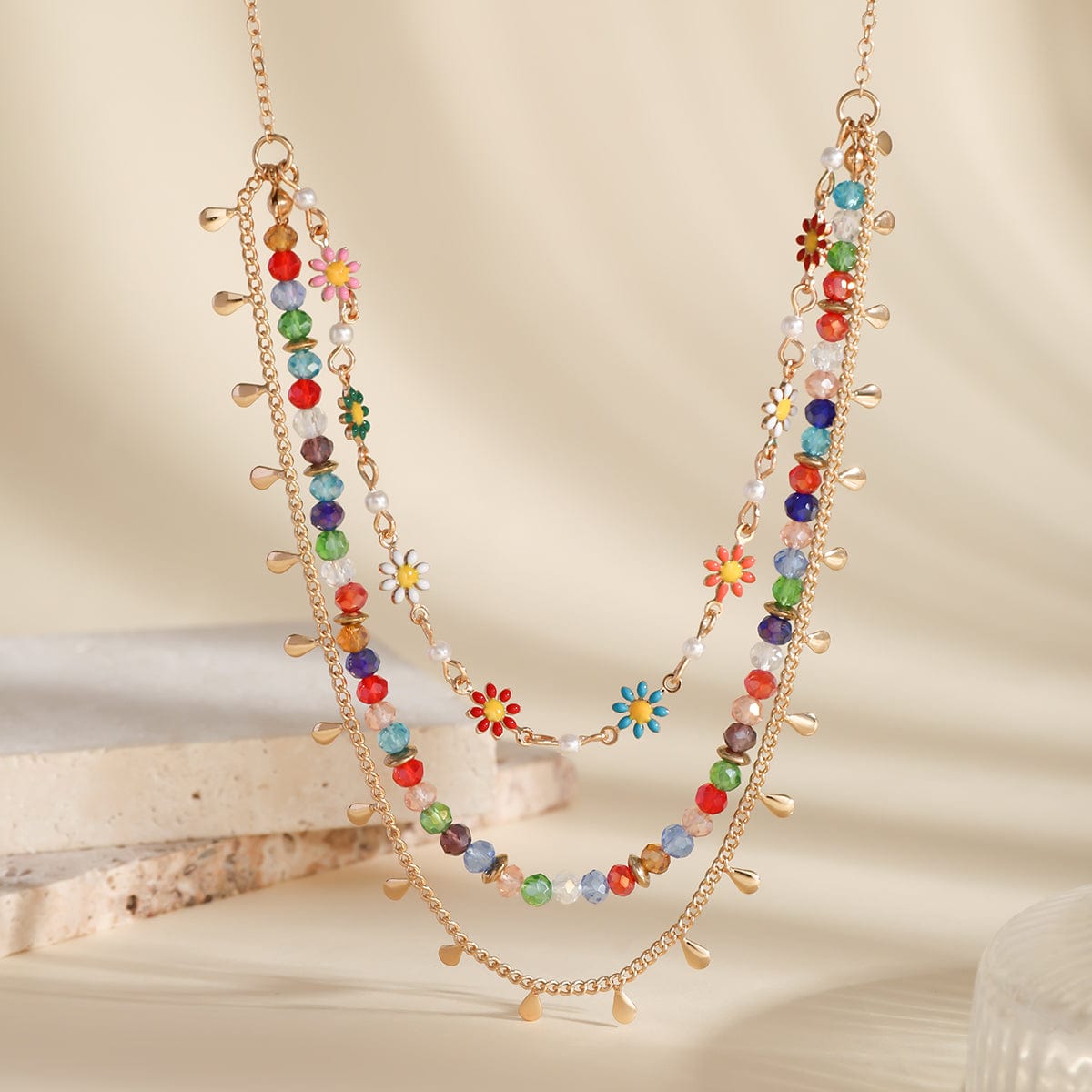 Boho Layered Colorful Flower Rhinestone Waterdrop Tassel Necklace - ArtGalleryZen