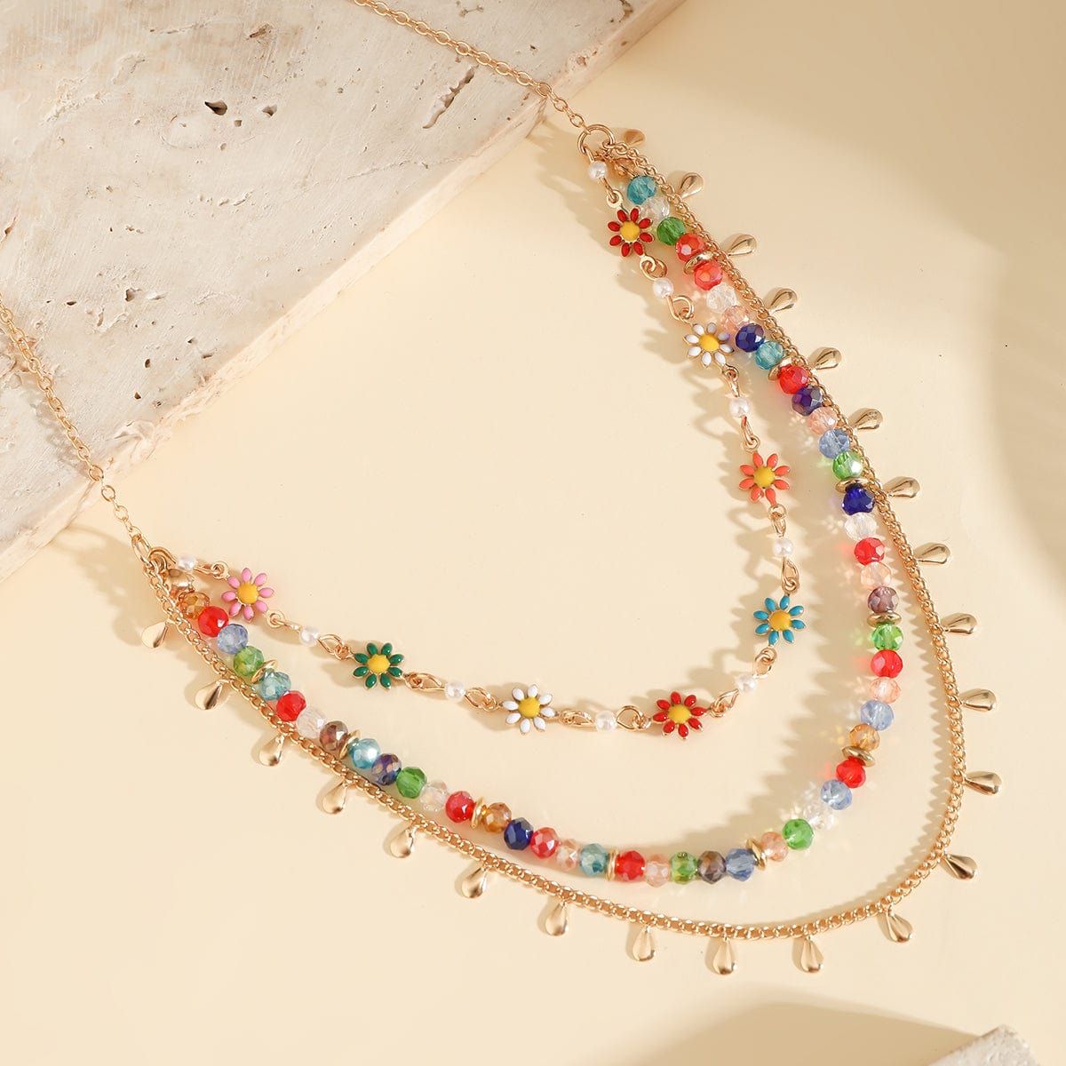 Boho Layered Colorful Flower Rhinestone Waterdrop Tassel Necklace - ArtGalleryZen