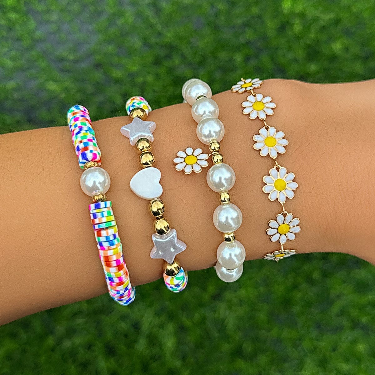 Boho Flower Heart Star Pearl Chain Stackable Bracelet Set – ArtGalleryZen