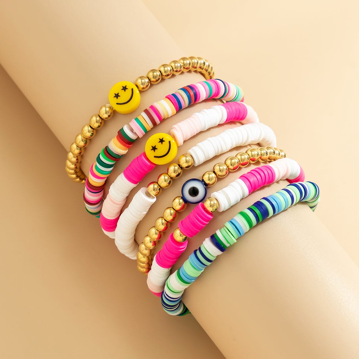 Boho Layered Colorful Polymer Clay Smile Face Ball Chain Bracelet Set - ArtGalleryZen