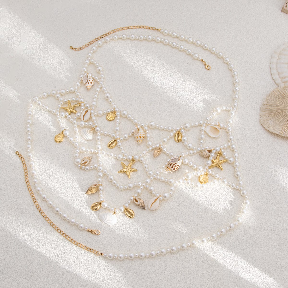 Boho Layered Conch Starfish Pendant Pearl Waist Chain Body Chain Bra