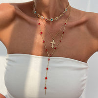 Thumbnail for Boho Layered Cross Pendant Rhinestone Crystal Chain Y Necklace Set - ArtGalleryZen