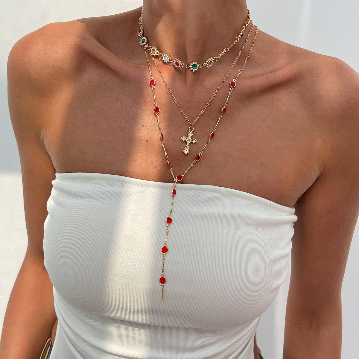 Boho Layered Cross Pendant Rhinestone Crystal Chain Y Necklace Set - ArtGalleryZen