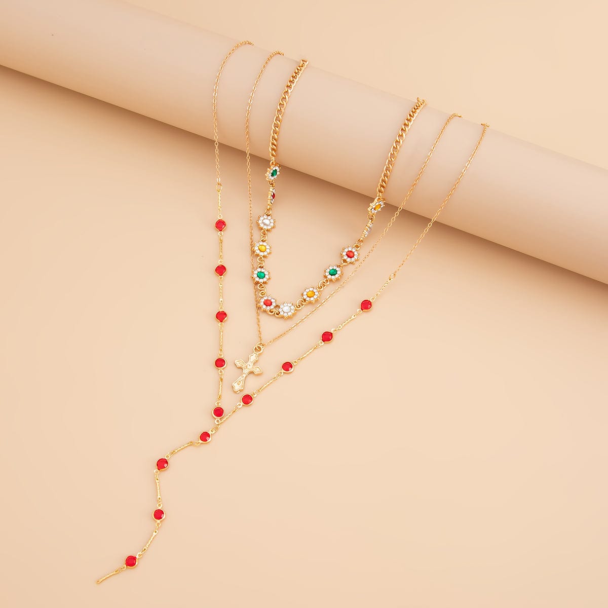 Boho Layered Cross Pendant Rhinestone Crystal Chain Y Necklace Set - ArtGalleryZen