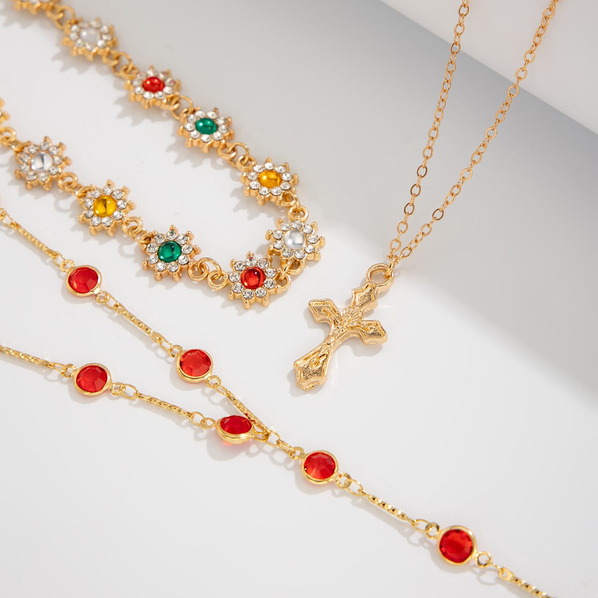 Boho Layered Cross Pendant Rhinestone Crystal Chain Y Necklace Set - ArtGalleryZen