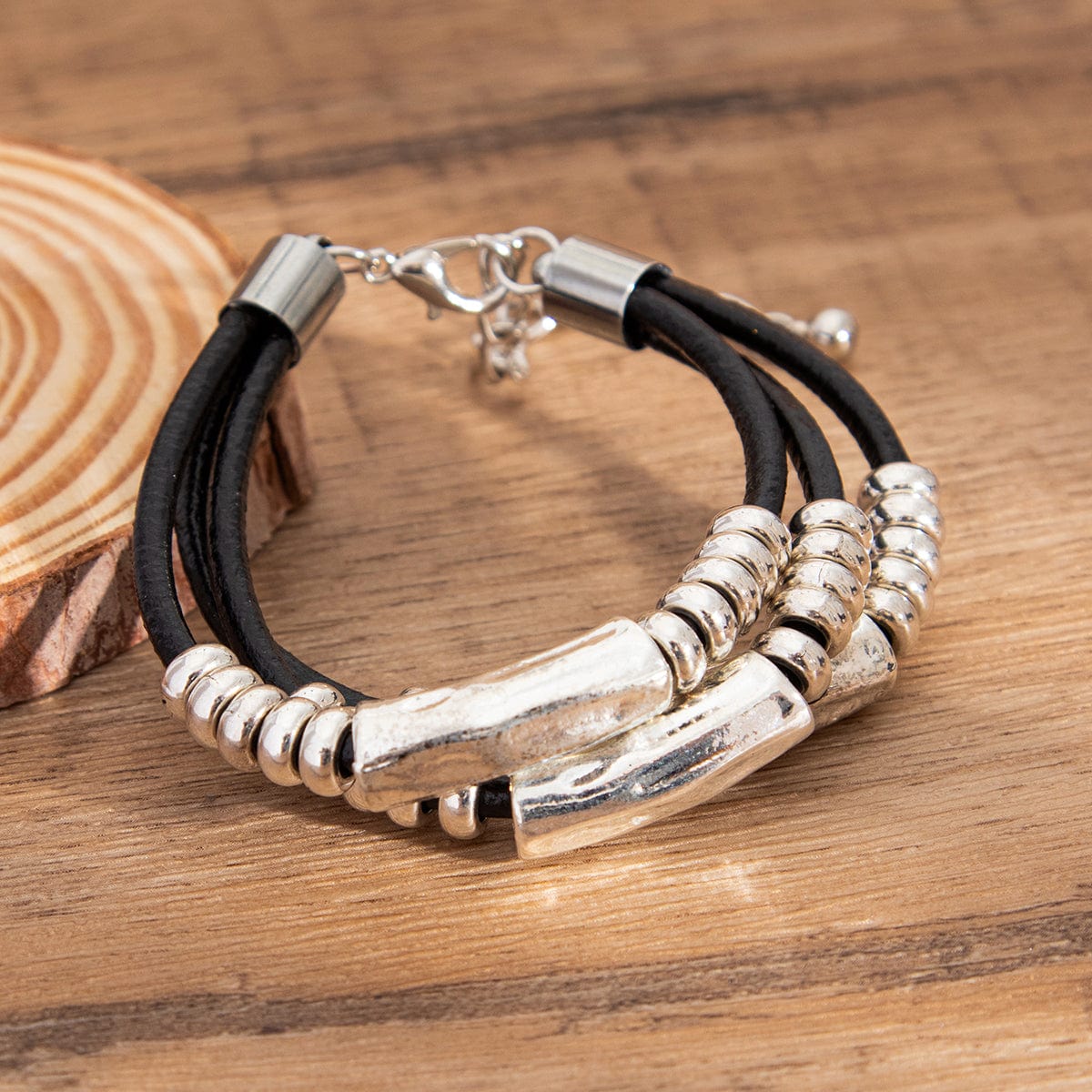 Boho Layered Cylinder Charm PU String Bracelet