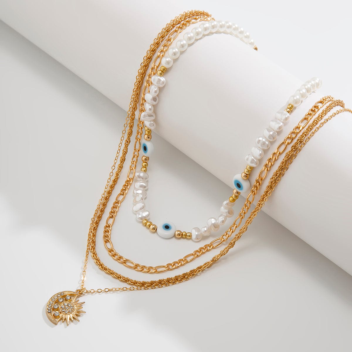 Boho Layered CZ Inlaid Sun Moon Pendant Evil Eye Pearl Chain Necklace Set - ArtGalleryZen