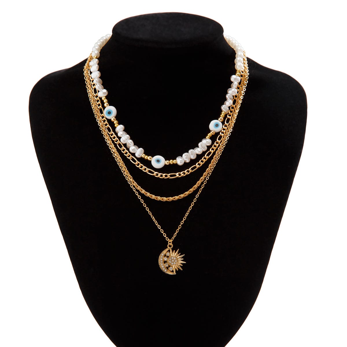 Boho Layered CZ Inlaid Sun Moon Pendant Evil Eye Pearl Chain Necklace Set