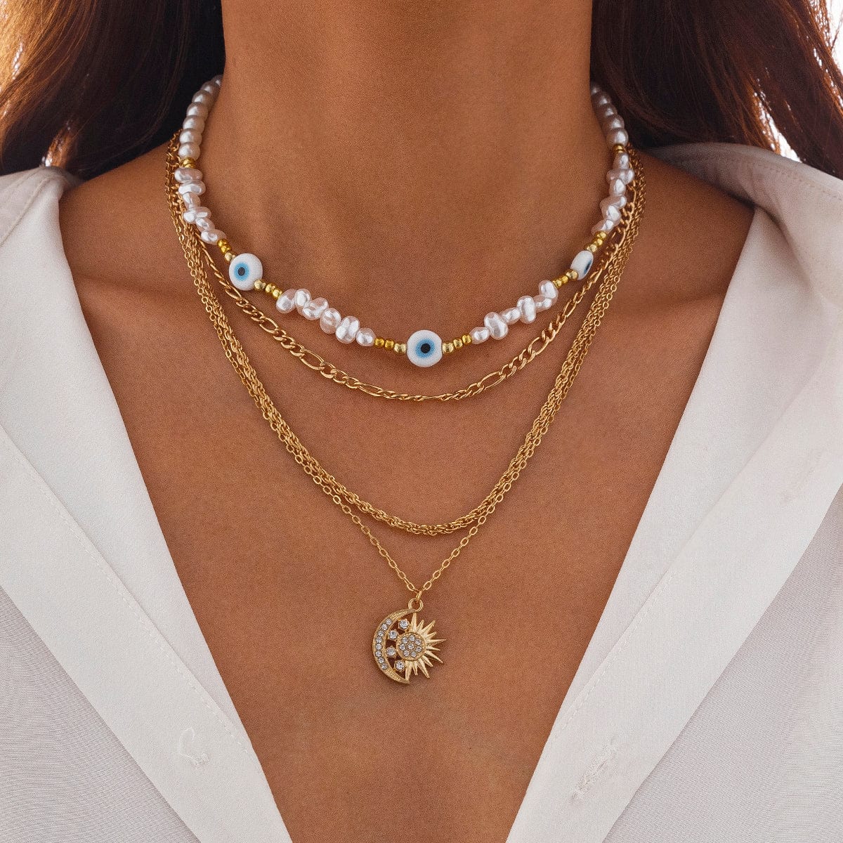 Boho Layered CZ Inlaid Sun Moon Pendant Evil Eye Pearl Chain Necklace Set