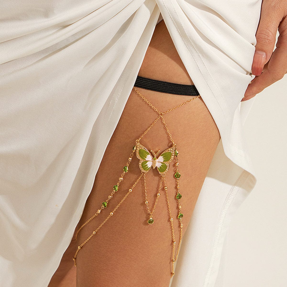 Boho Layered Enamel Butterfly Crystal Inlaid Elastic Saturn Thigh Leg Chain