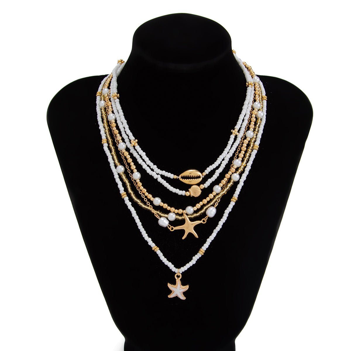Boho Layered Enamel Starfish Conch Shell Charm Seed Beaded Necklace Set - ArtGalleryZen