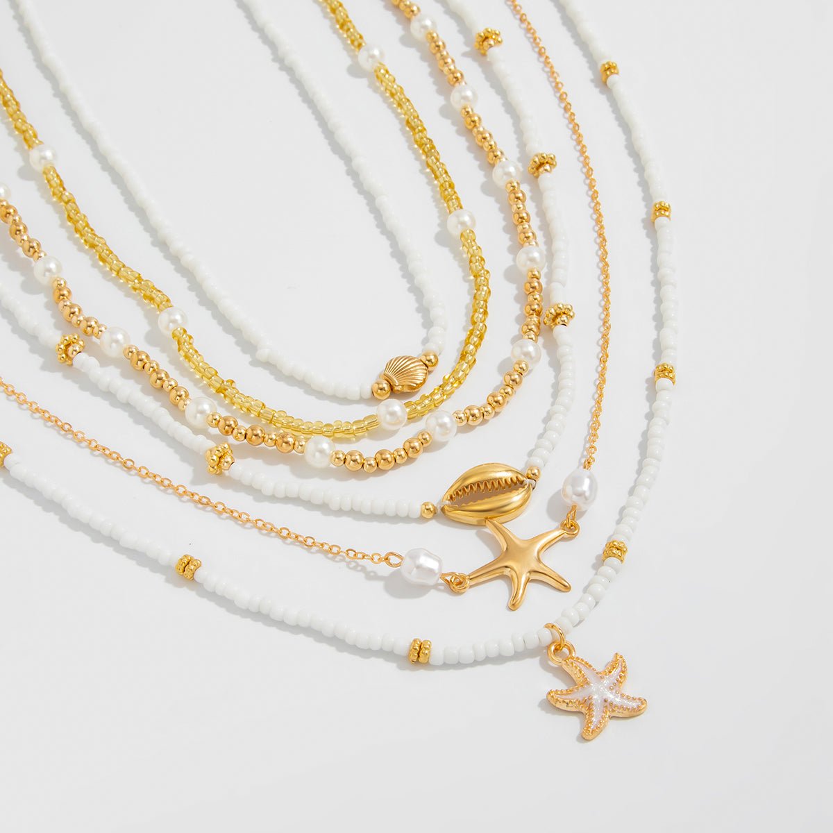 Boho Layered Enamel Starfish Conch Shell Charm Seed Beaded Necklace Set - ArtGalleryZen