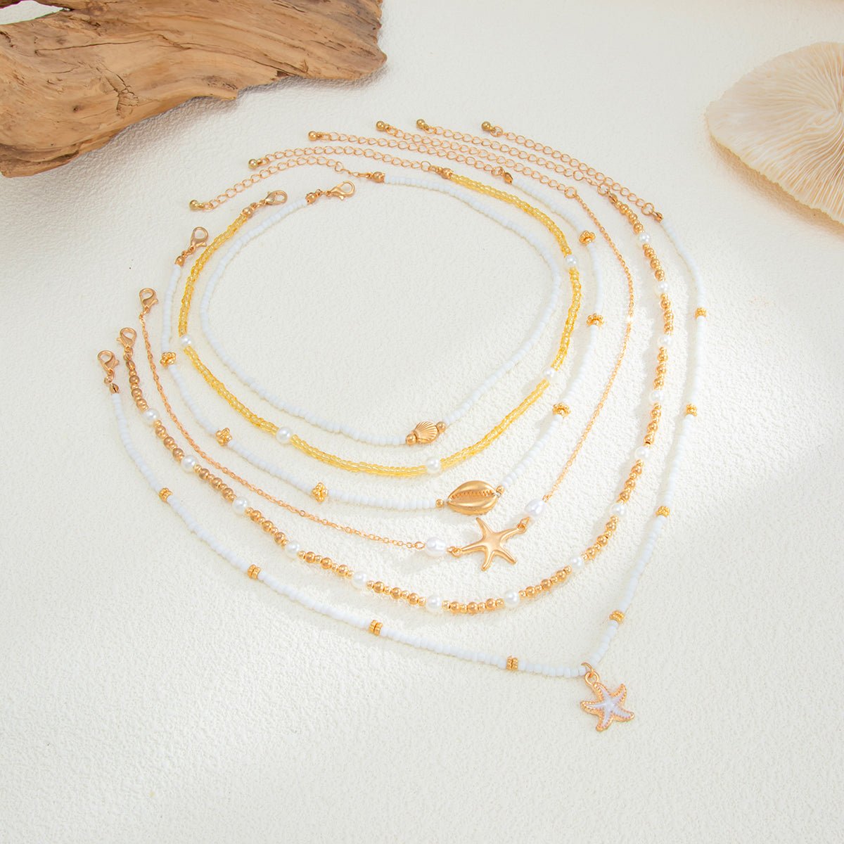 Boho Layered Enamel Starfish Conch Shell Charm Seed Beaded Necklace Set - ArtGalleryZen