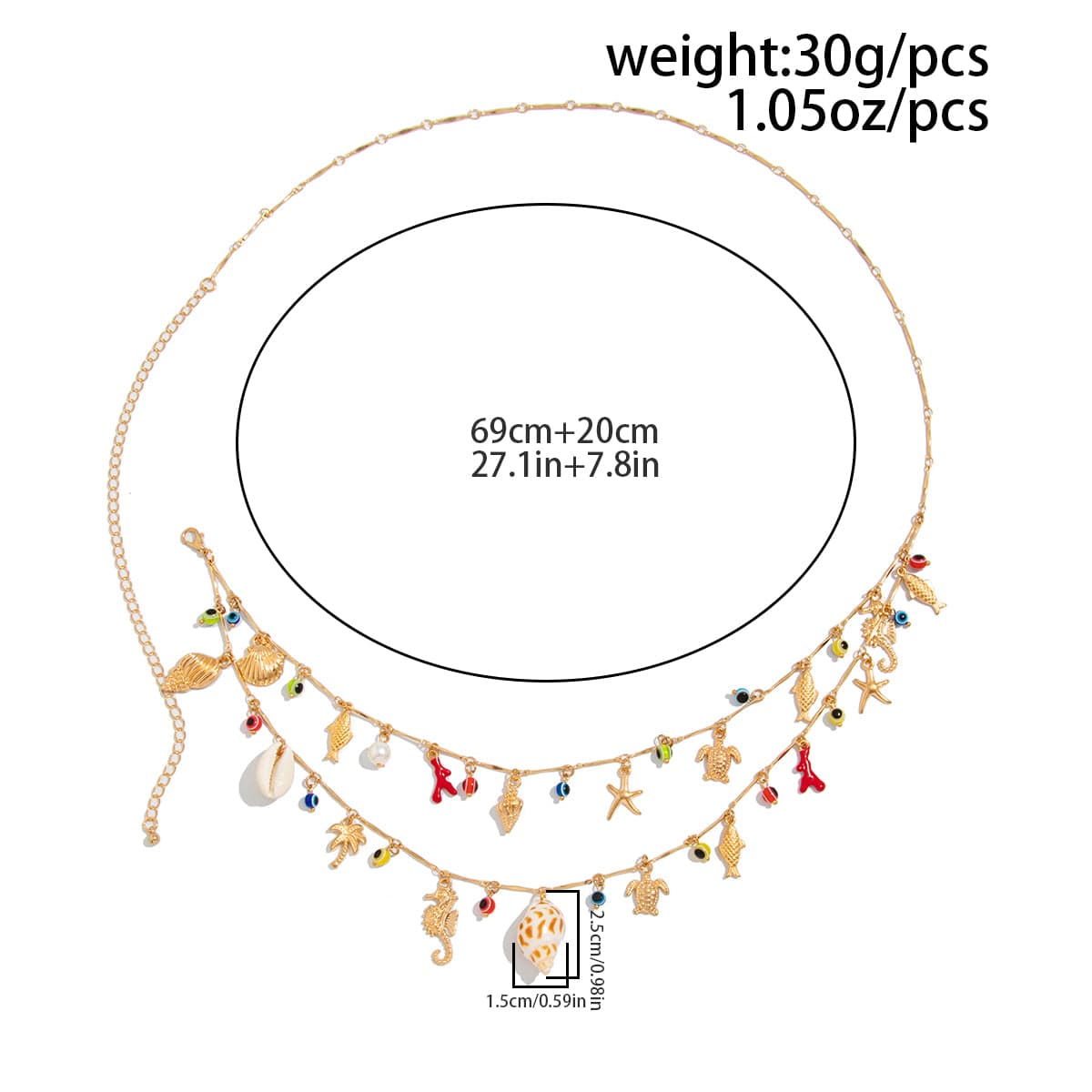 Boho Layered Evil Eye Conch Turtle Starfish Tassel Belly Chain - ArtGalleryZen