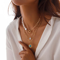 Thumbnail for Boho Layered Evil Eye Turquoise Sun Pendant Paperclip Pearl Chain Necklace Set - ArtGalleryZen