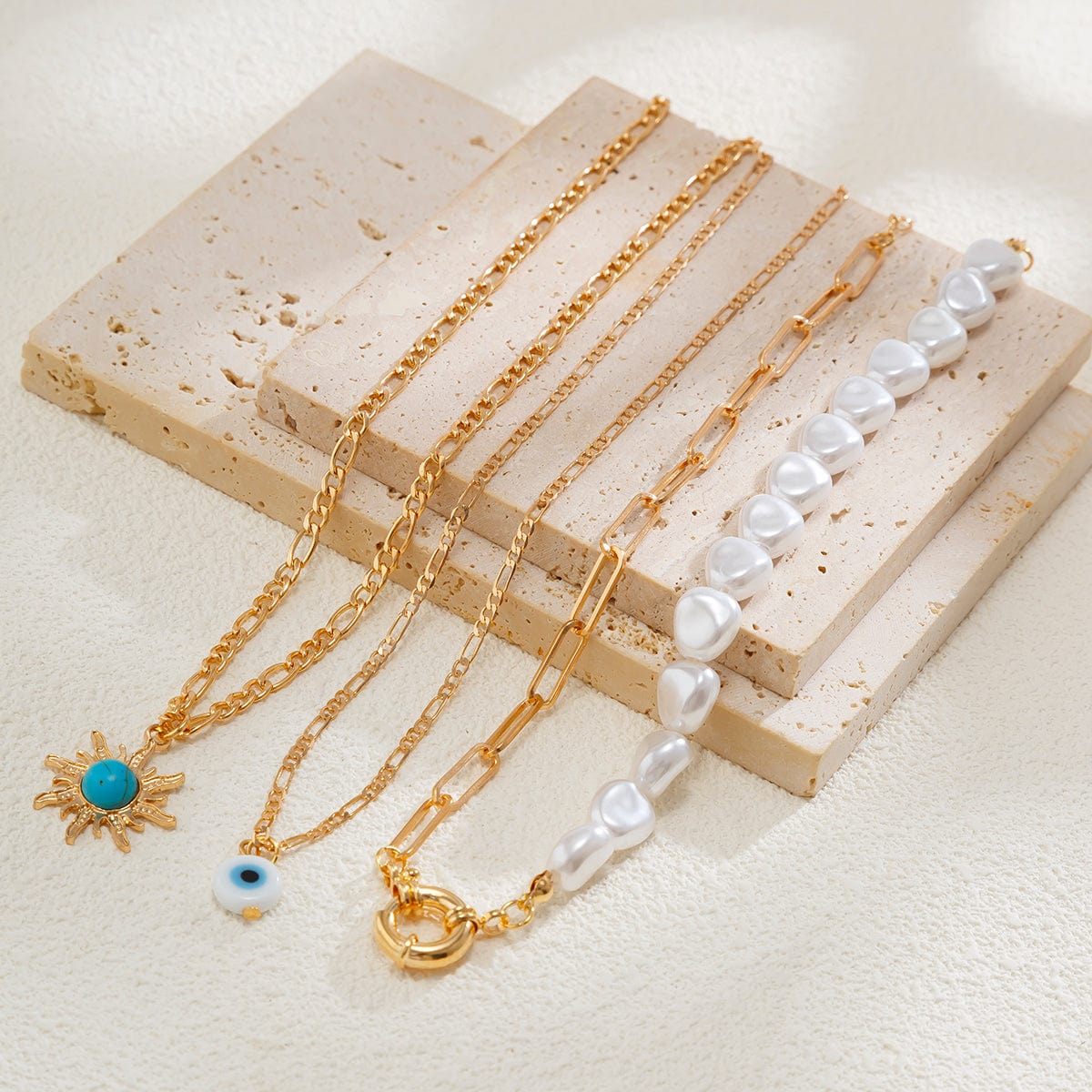 Boho Layered Evil Eye Turquoise Sun Pendant Paperclip Pearl Chain Necklace Set - ArtGalleryZen
