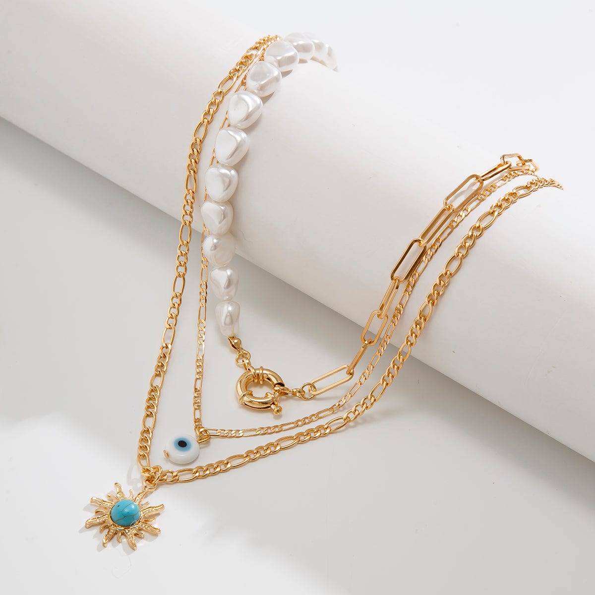 Boho Layered Evil Eye Turquoise Sun Pendant Paperclip Pearl Chain Necklace Set - ArtGalleryZen