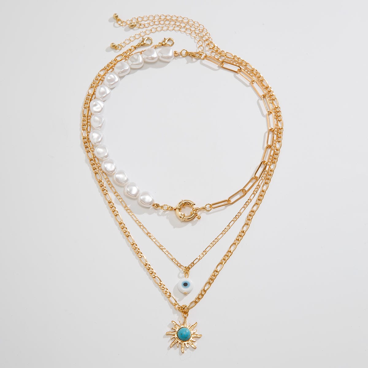Boho Layered Evil Eye Turquoise Sun Pendant Paperclip Pearl Chain Necklace Set - ArtGalleryZen