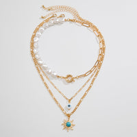 Thumbnail for Boho Layered Evil Eye Turquoise Sun Pendant Paperclip Pearl Chain Necklace Set - ArtGalleryZen