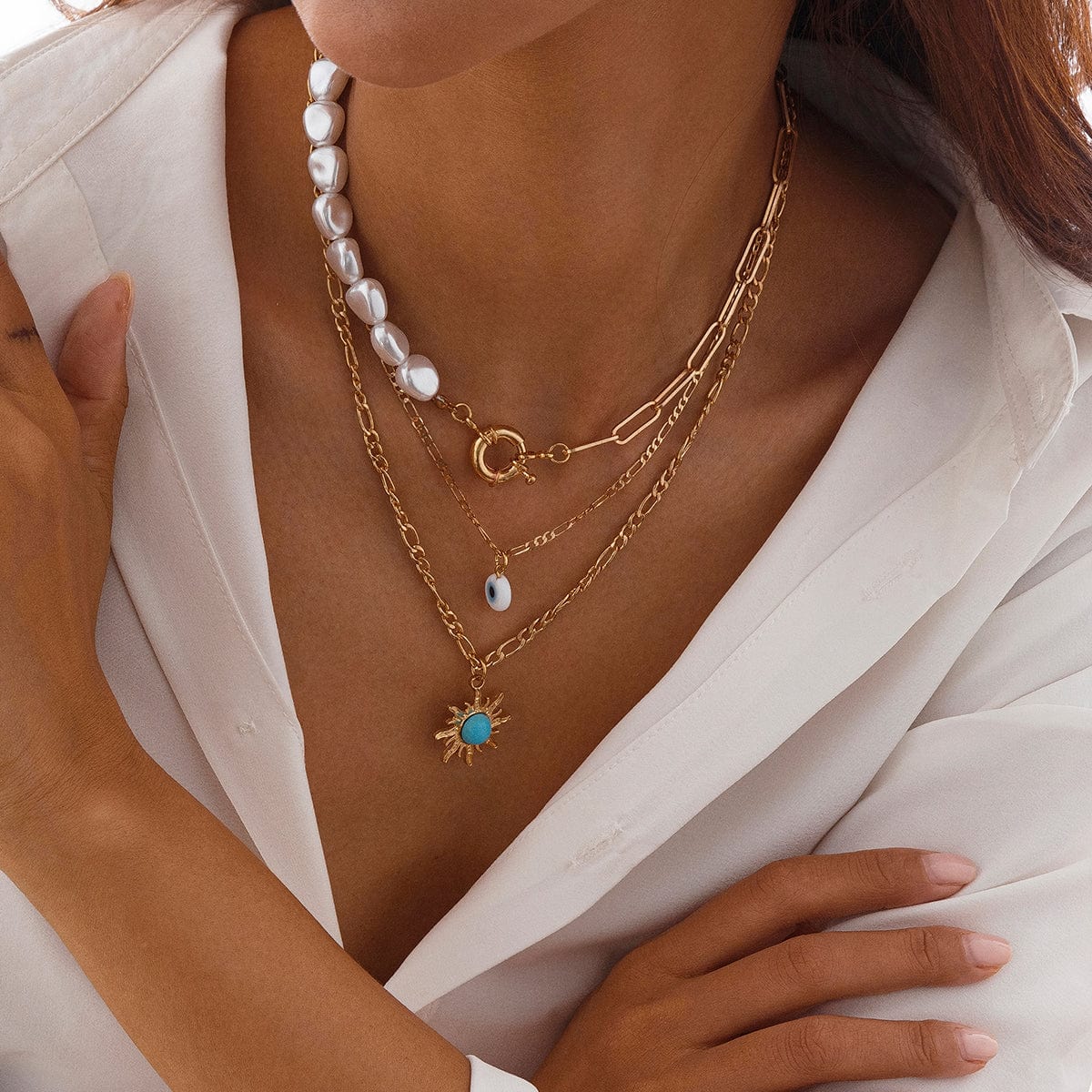 Boho Layered Evil Eye Turquoise Sun Pendant Paperclip Pearl Chain Necklace Set - ArtGalleryZen