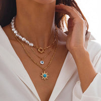 Thumbnail for Boho Layered Evil Eye Turquoise Sun Pendant Paperclip Pearl Chain Necklace Set - ArtGalleryZen